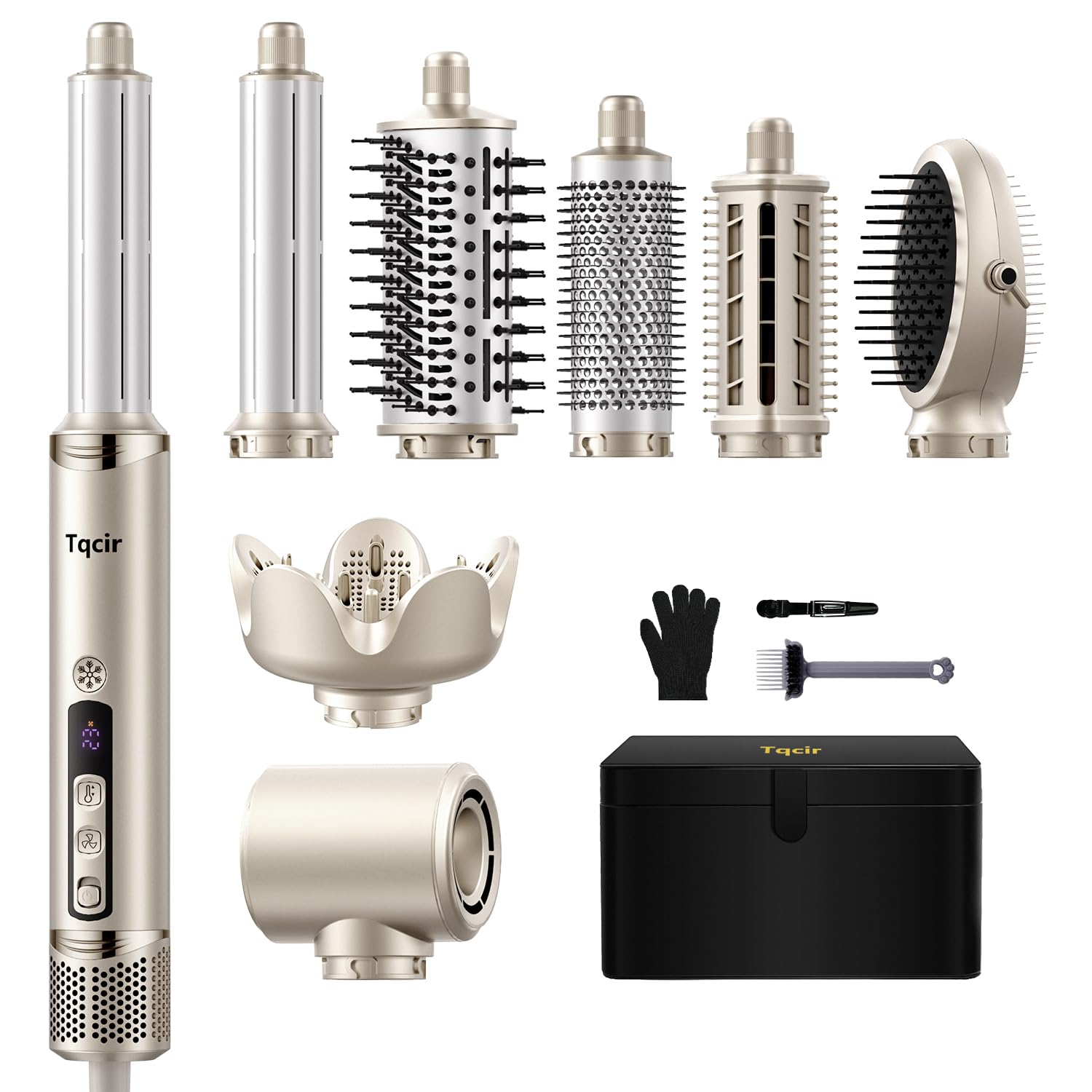 Tqcir 8-in-1 hot air styler shows drying action for fast morning styling.