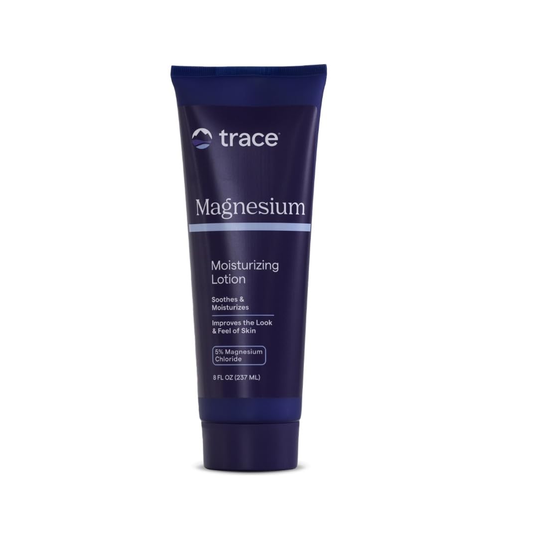 Trace Minerals Magnesium Moisturizing Lotion front bottle shows quick-absorbing hydration for smooth skin.