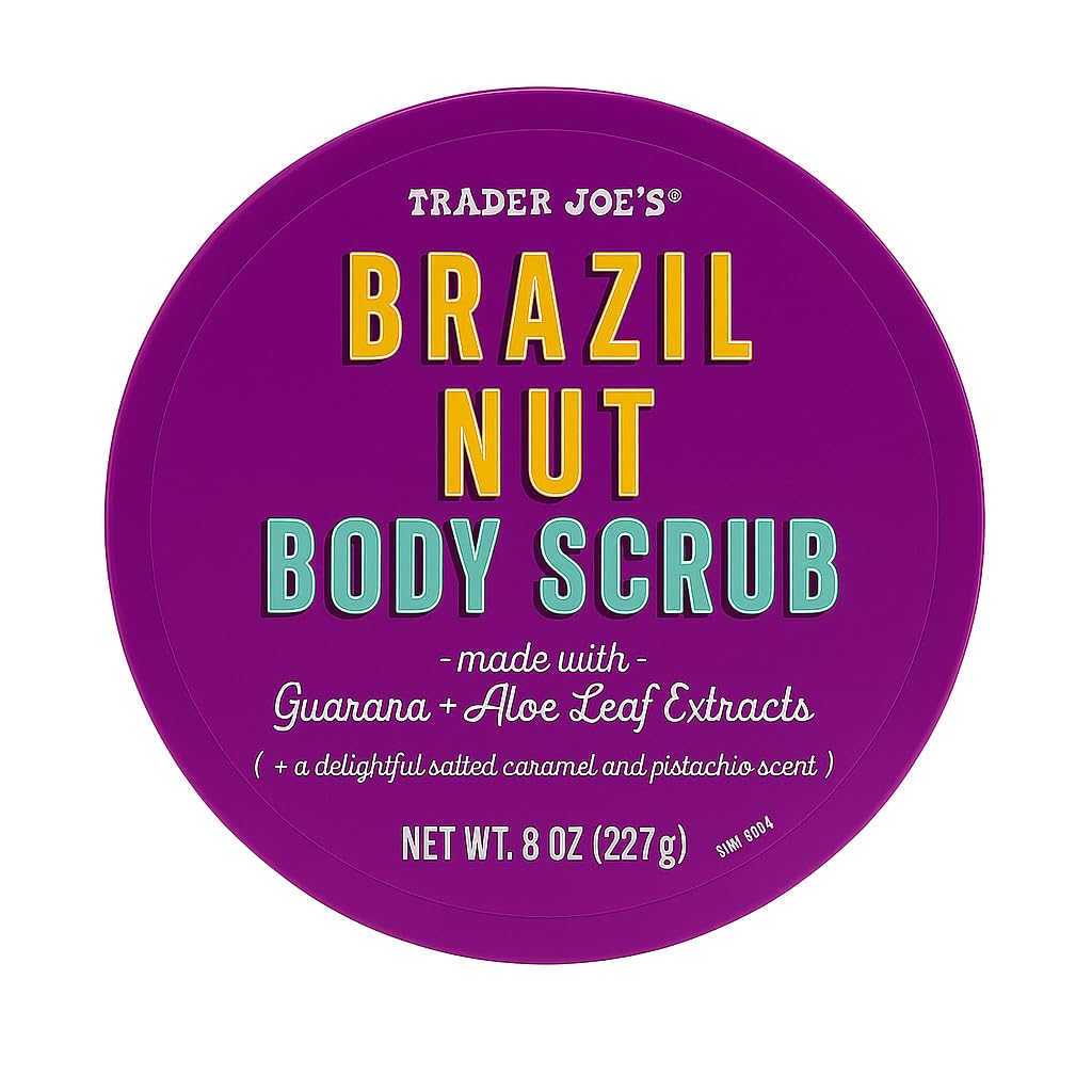 Trader Joe's Brazil Nut Body Scrub jar-front highlights creamy exfoliating texture for smooth skin.