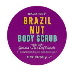 Trader Joe's Brazil Nut Body Scrub jar-front highlights creamy exfoliating texture for smooth skin.