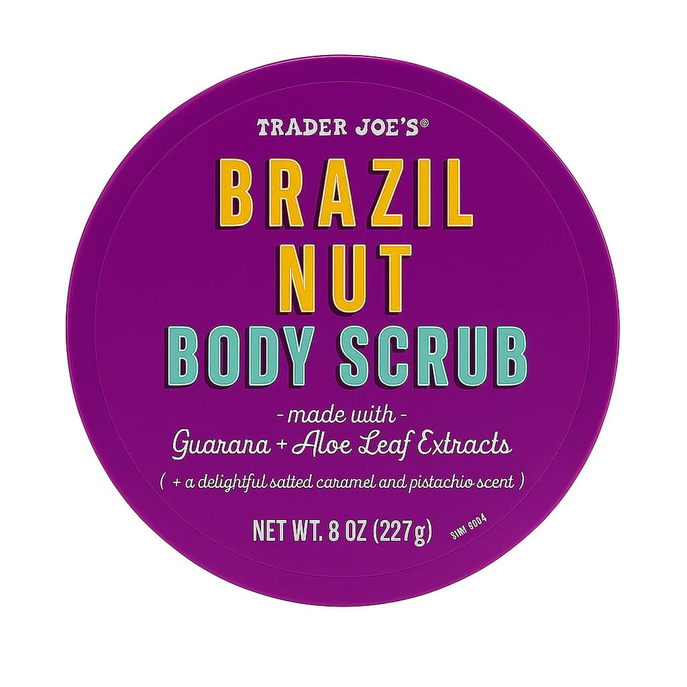 Trader Joe's Brazil Nut Body Scrub packaging highlights premium exfoliation for smooth skin.