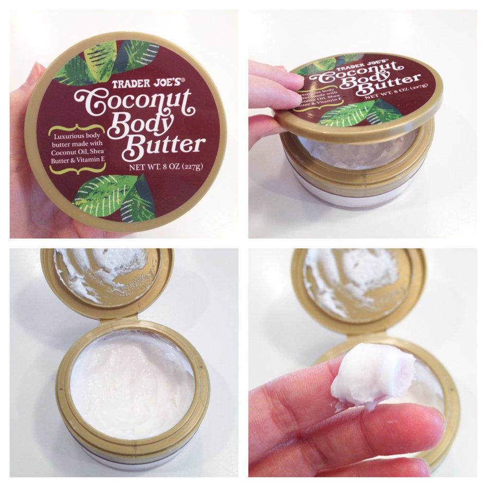 Trader Joe's Coconut Body Butter hand-application shows smooth, quick-absorbing routine