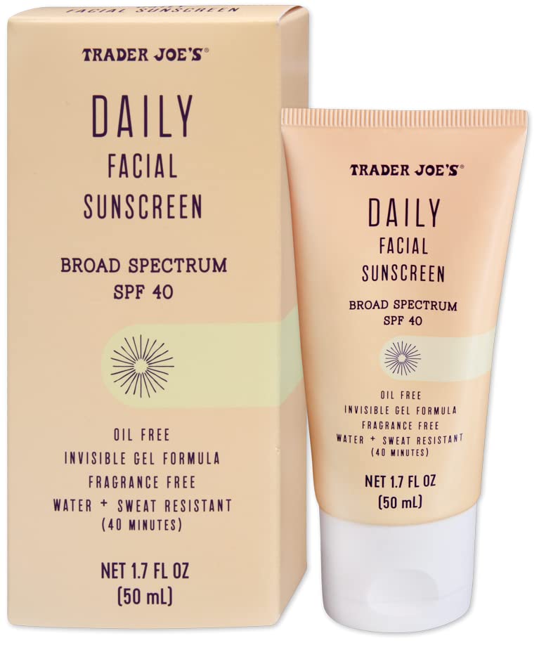 Trader Joe’s Daily Facial Sunscreen invisible gel texture offers oil-free SPF 40 protection