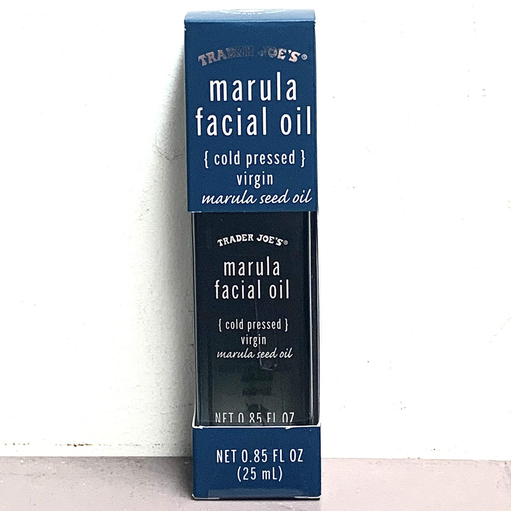 Trader Joe's Hydrating Marula Facial Oil bottle demonstrates lightweight hydration for soft skin.