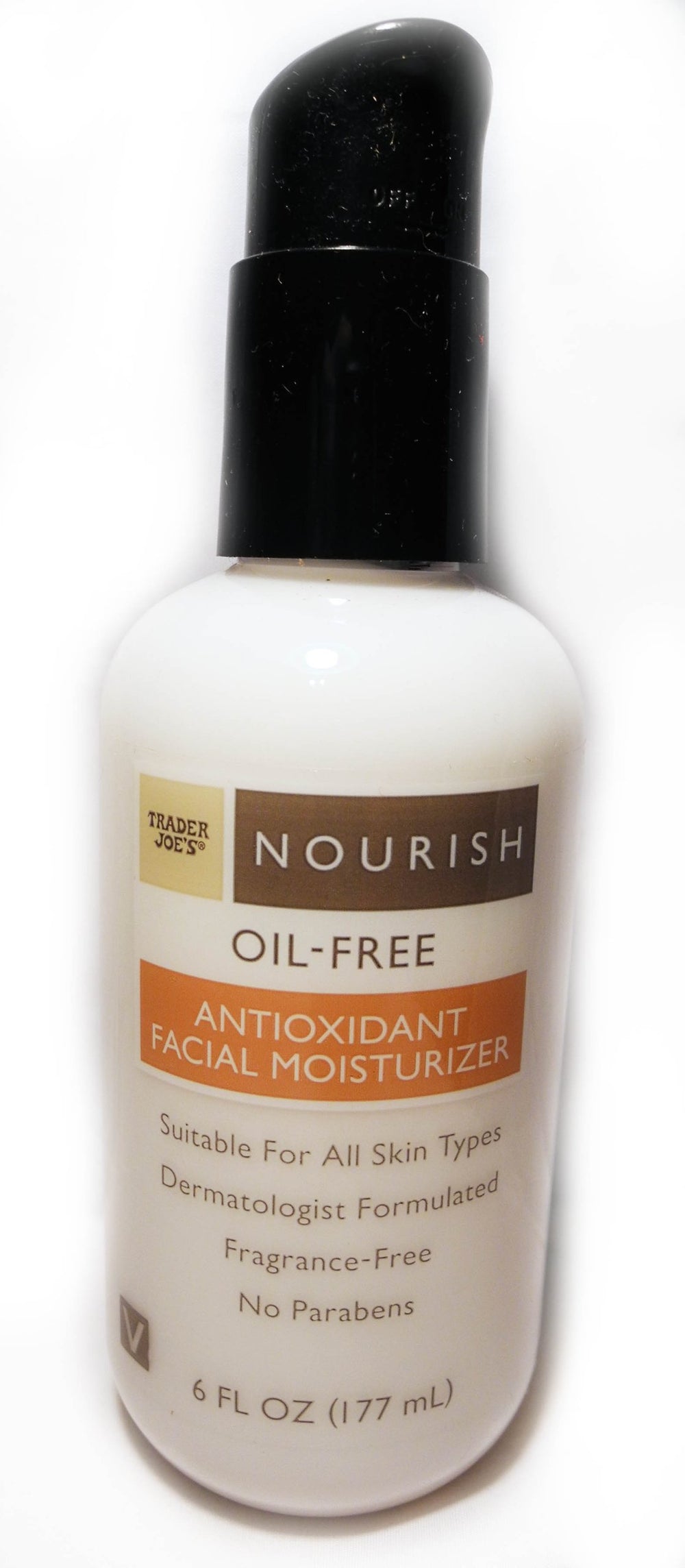 Trader Joe's Nourish Oil-Free Moisturizer bottle demonstrates lightweight, non-greasy hydration.