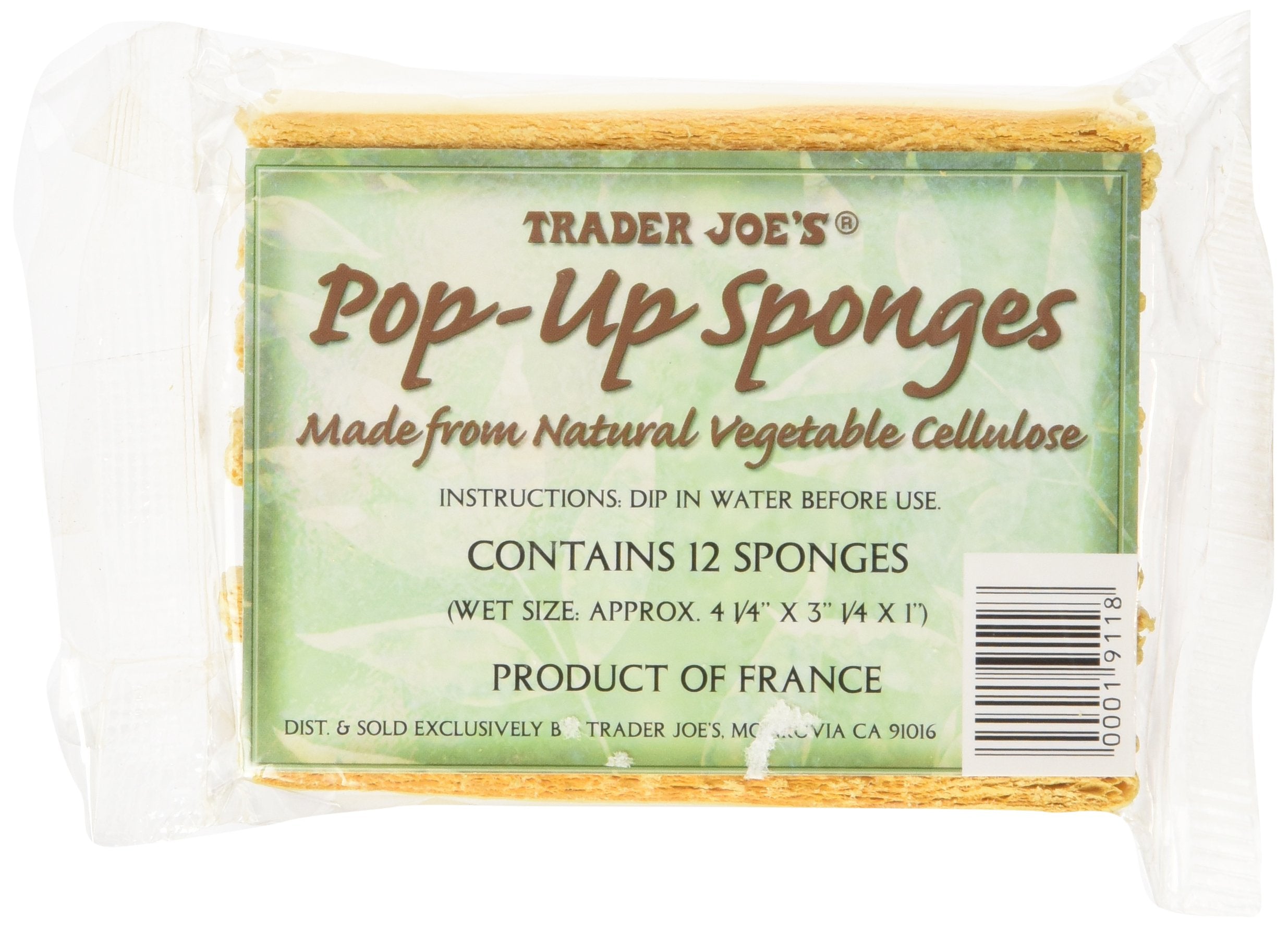 Trader Joe's pop up sponges natural vegetable cellulose 12-pack show absorbent cleaning power for dishes and surfaces.
