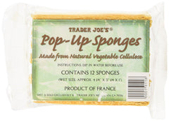 Trader Joe's pop up sponges natural vegetable cellulose 12-pack show absorbent cleaning power for dishes and surfaces.