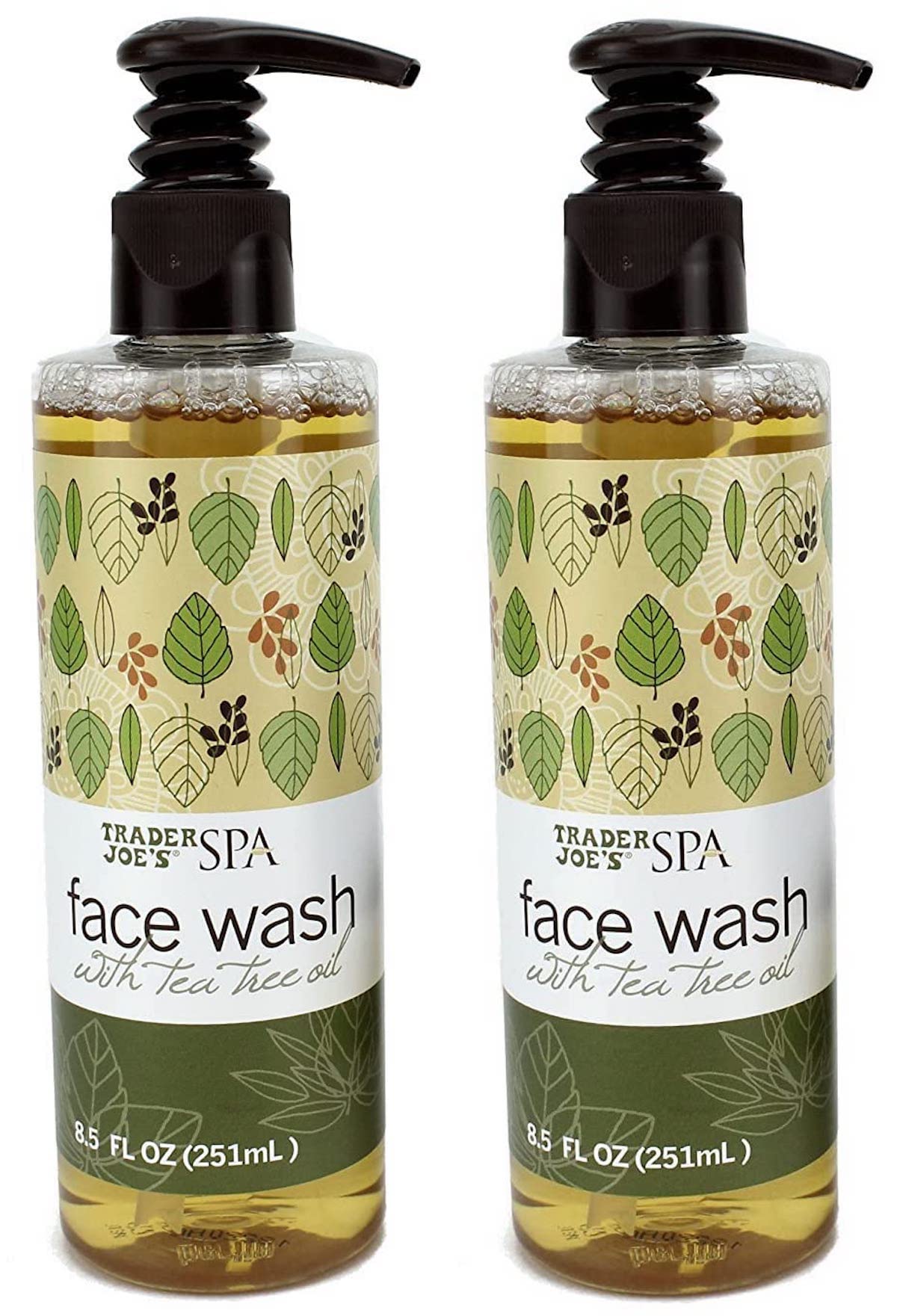 Packaging for Trader Joe's Spa Face Wash with Tea Tree Oil highlights a 2-pack value.