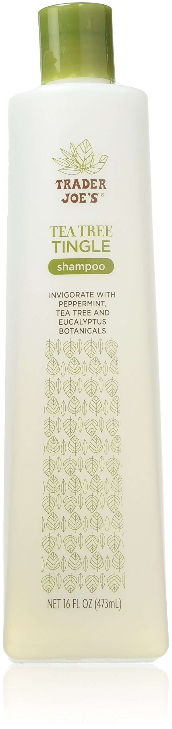 Trader Joe's Tea Tree Tingle Shampoo bottle showing peppermint-tingle action for refreshed scalp