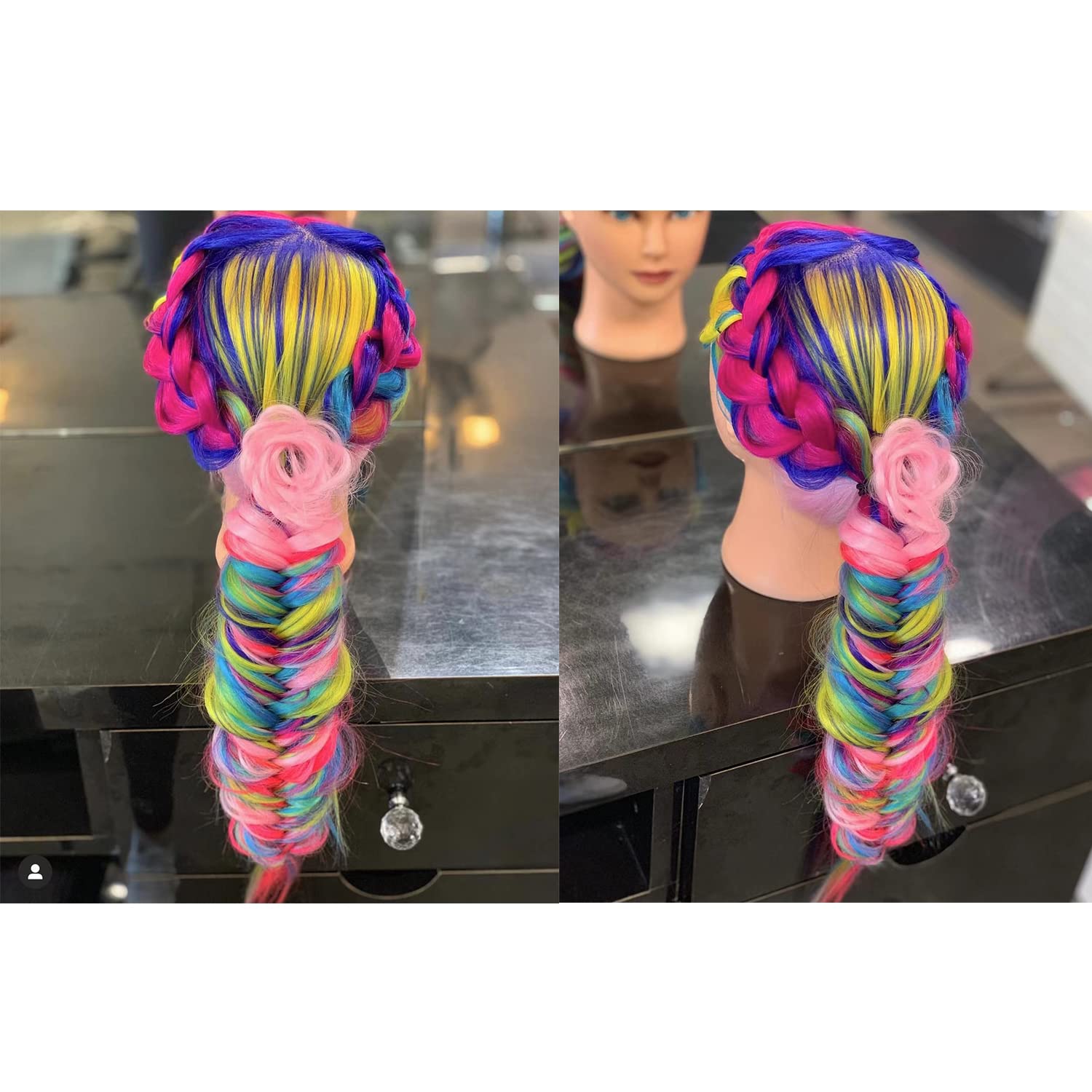 Training Head 26-28in colorful hair demonstrates multi-color styling practice