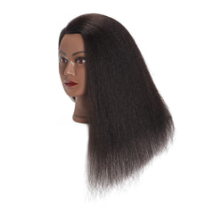Traininghead hair-styling session image featuring black real-hair head for techniques.