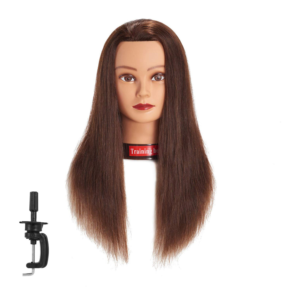 Traininghead brown mannequin head close-up shows long hair for practice sessions.