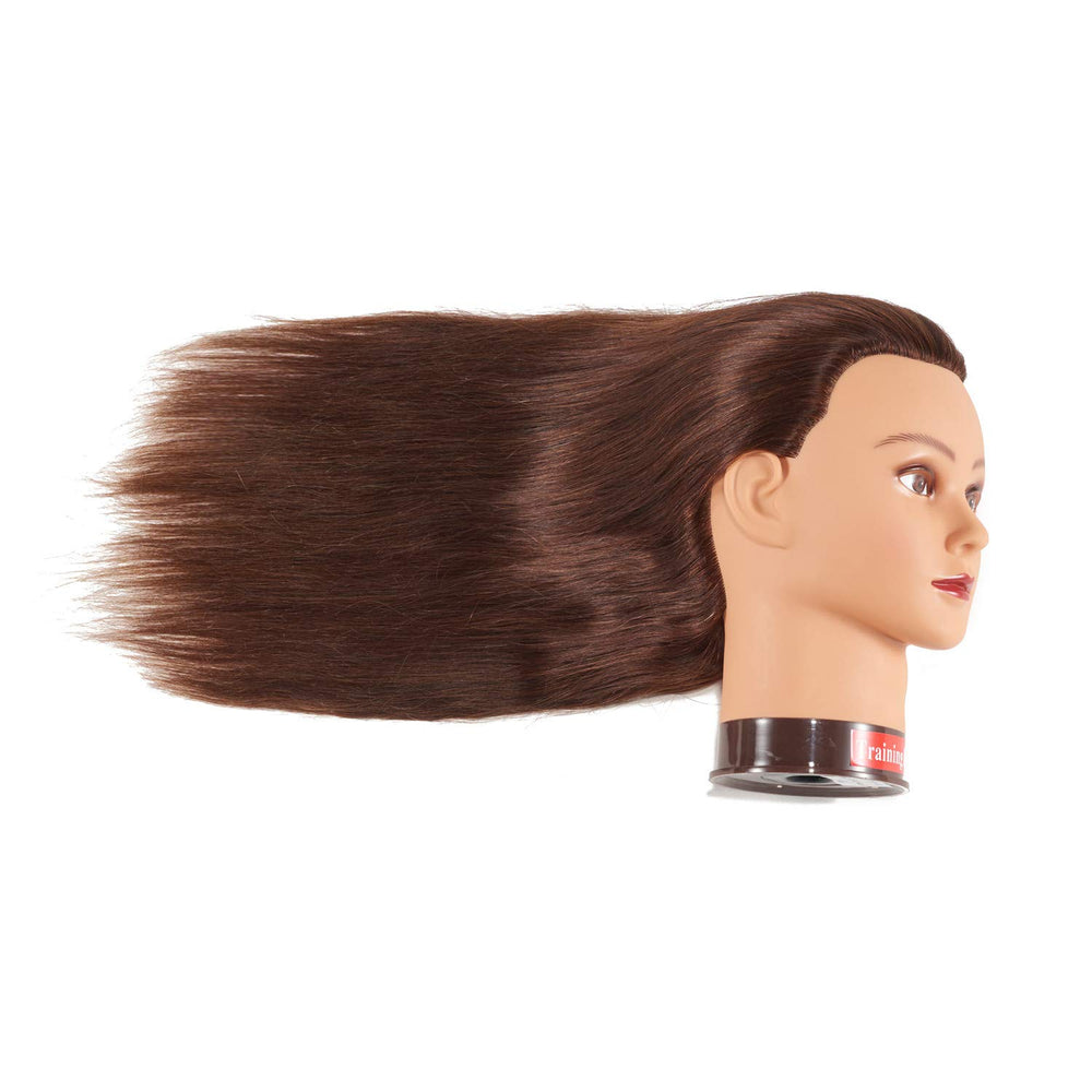 Traininghead brown mannequin head undergoing dyeing demo for technique practice.