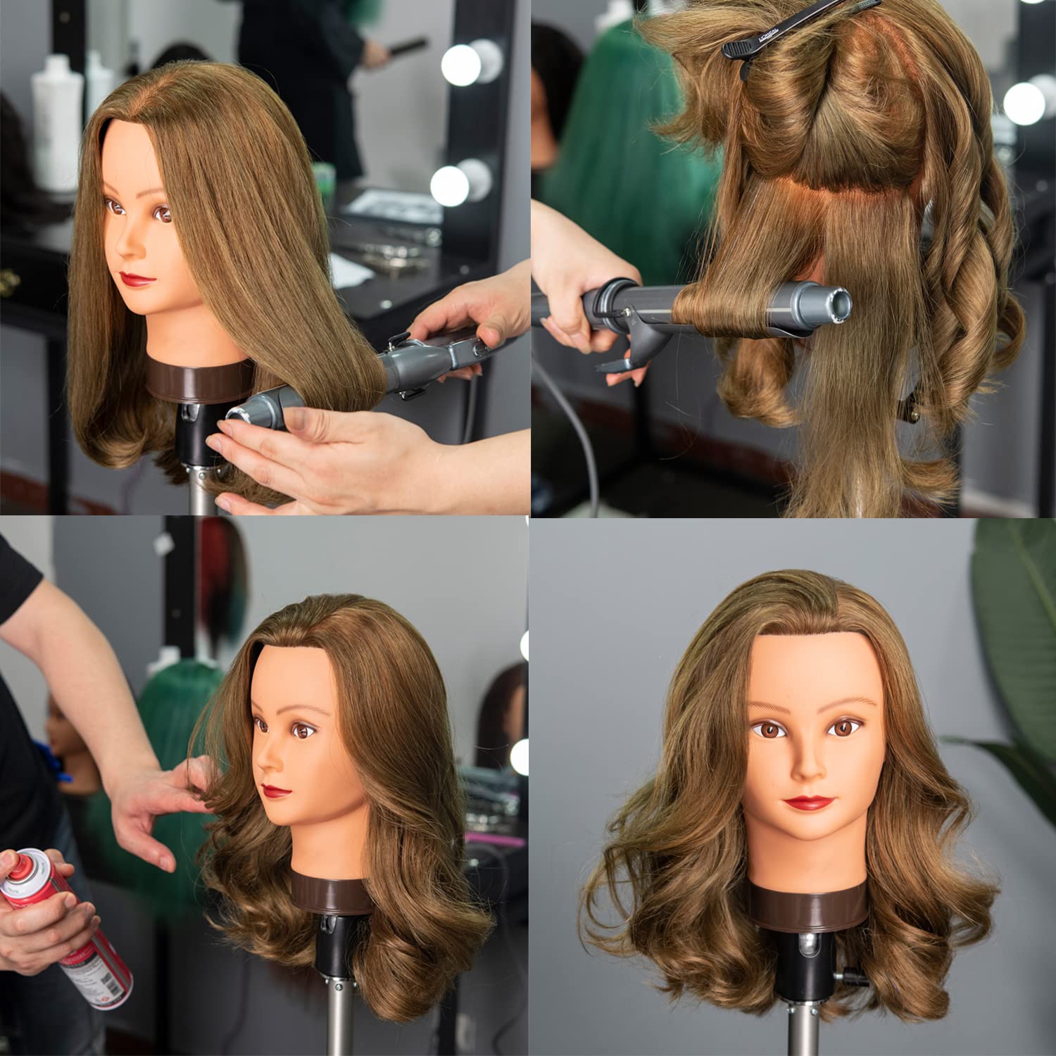 Traininghead brown mannequin head on table clamp stand during a training setup.