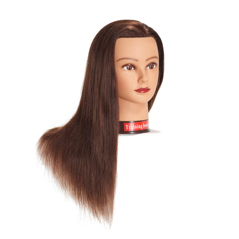 Traininghead brown mannequin head styled in progress during a curling session.