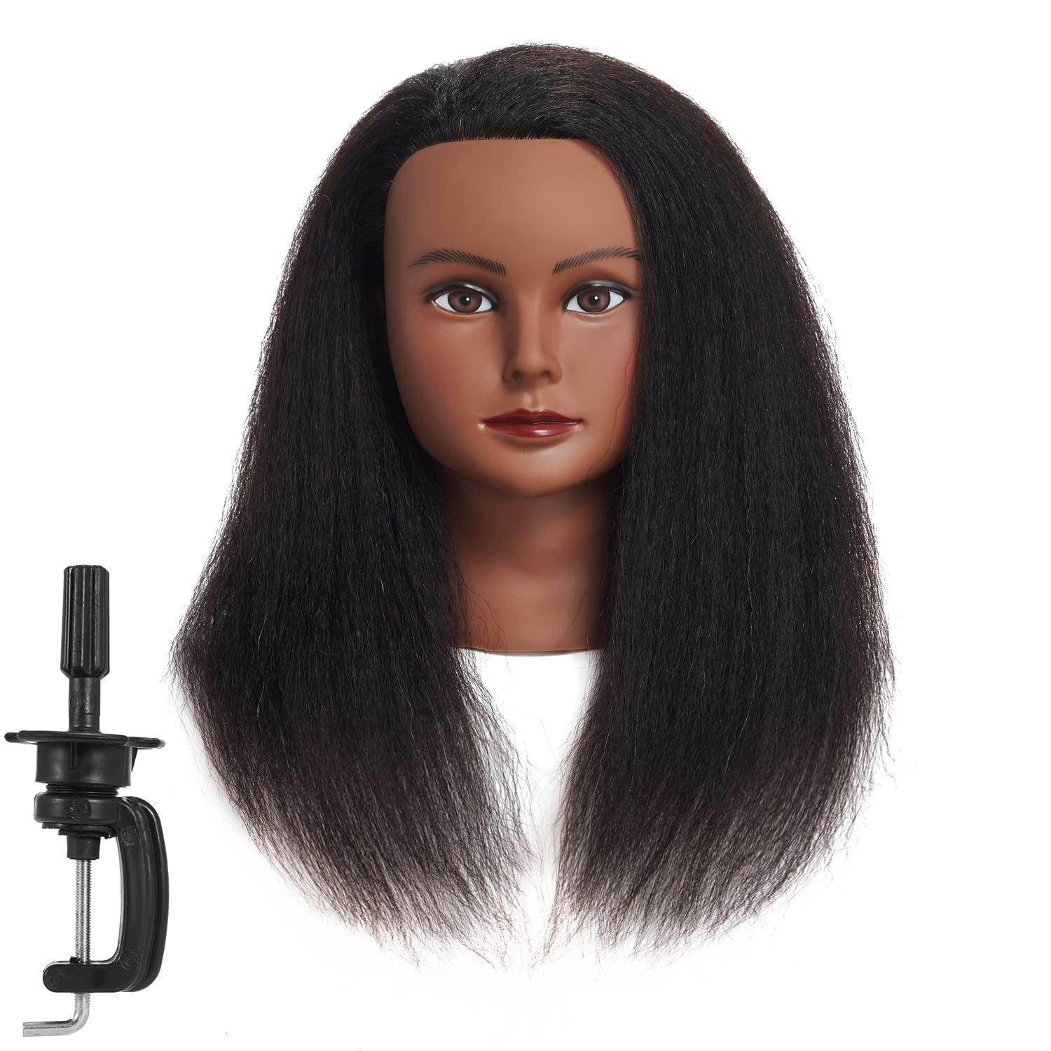 Traininghead mannequin head close-up with 14-inch black real hair for professional practice.