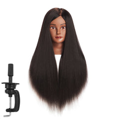 Traininghead mannequin head close-up shows heat-friendly synthetic hair ready for styling.