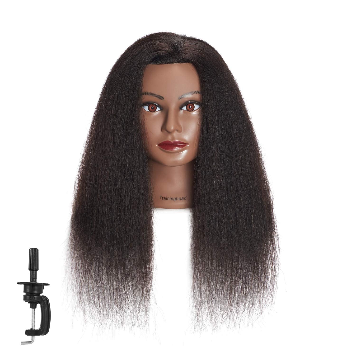 Traininghead mannequin head with 16-inch black real hair for practice and styling.