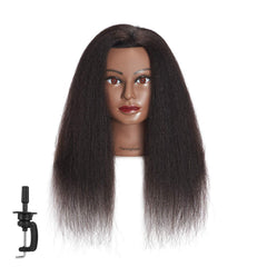 Traininghead mannequin head with 16-inch black real hair for practice and styling.