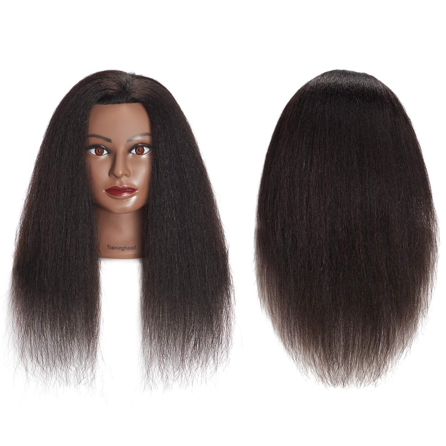 Traininghead table clamp stand shown with mannequin head for secure hands-free styling.