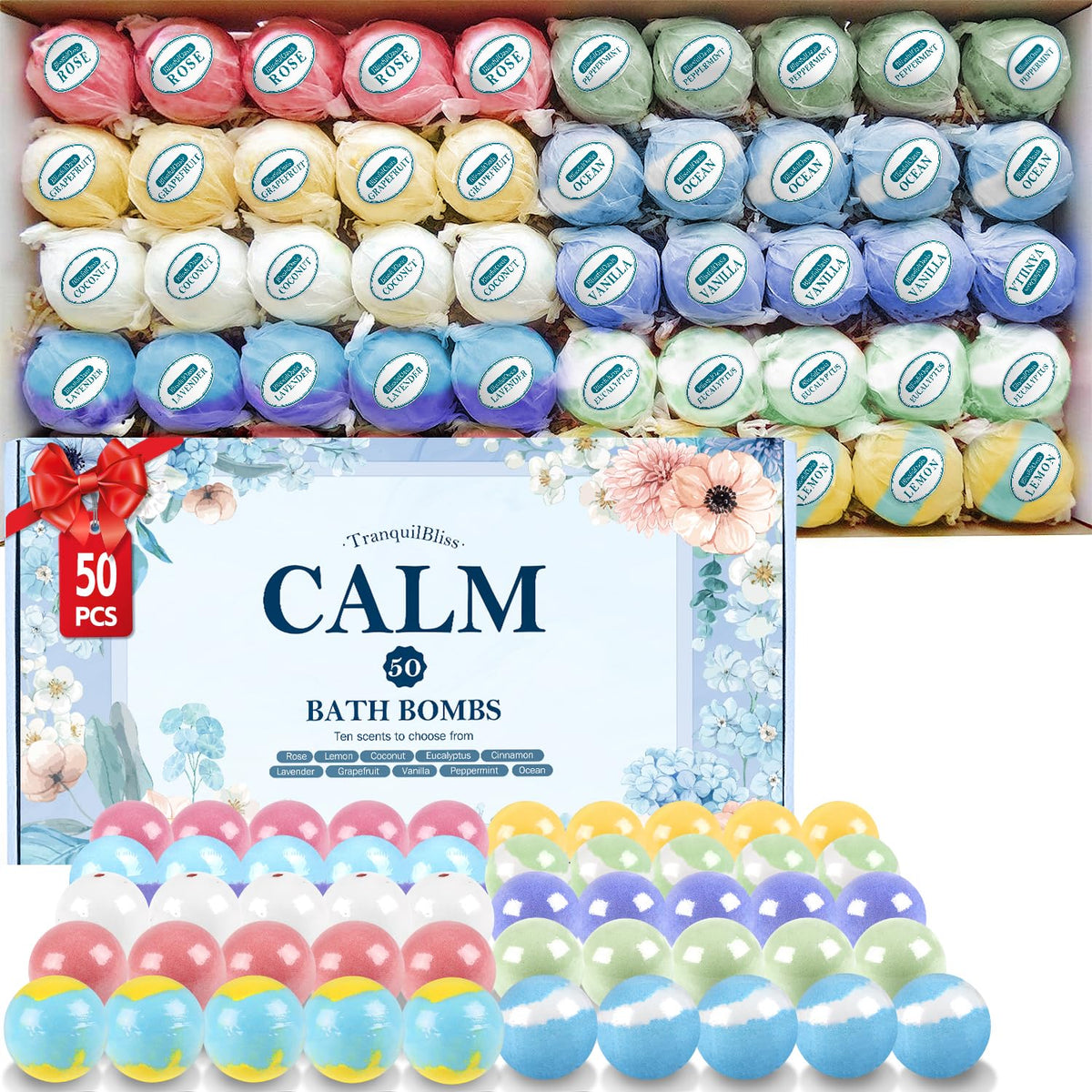 TranquilBliss 50-piece bath bombs in a stylish gift box for gifting or personal use