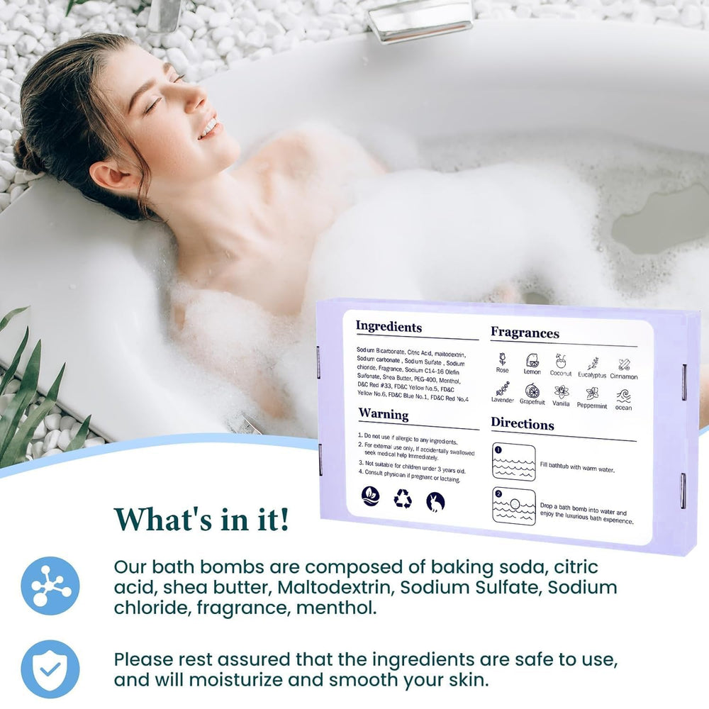 Lavender scented TranquilBliss bath bomb label offering soothing relaxation.