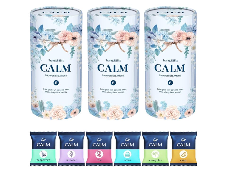 TranquilBliss shower steamer box displays the 18-count set for varied scents.