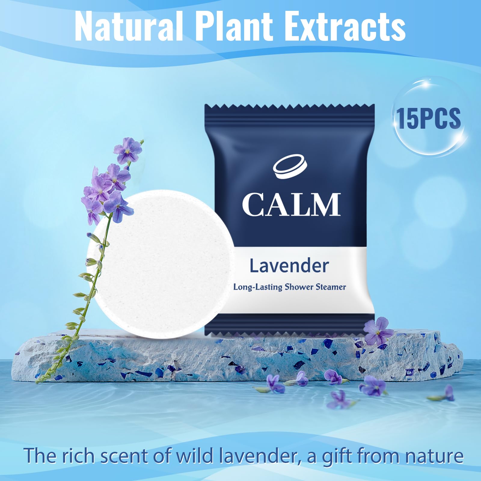 TranquilBliss shower steamers dissolving in water releasing lasting lavender scent.