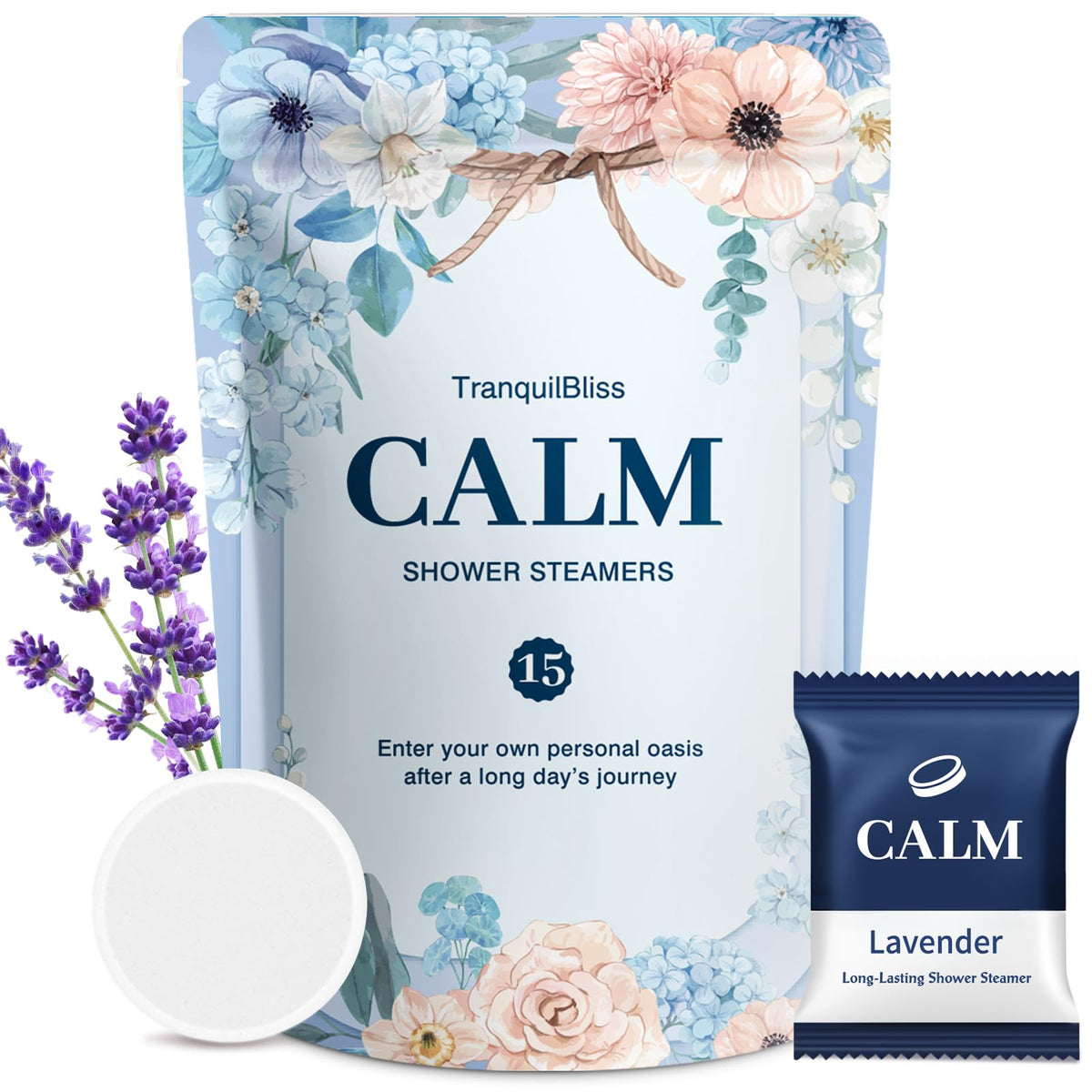 TranquilBliss shower steamers lavender pack closeup, calming aroma for daily relaxation.