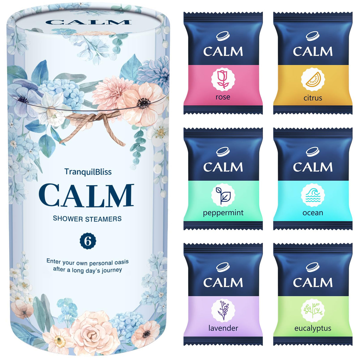 TranquilBliss six-scent box showcases diverse fragrances for a refreshing shower experience.