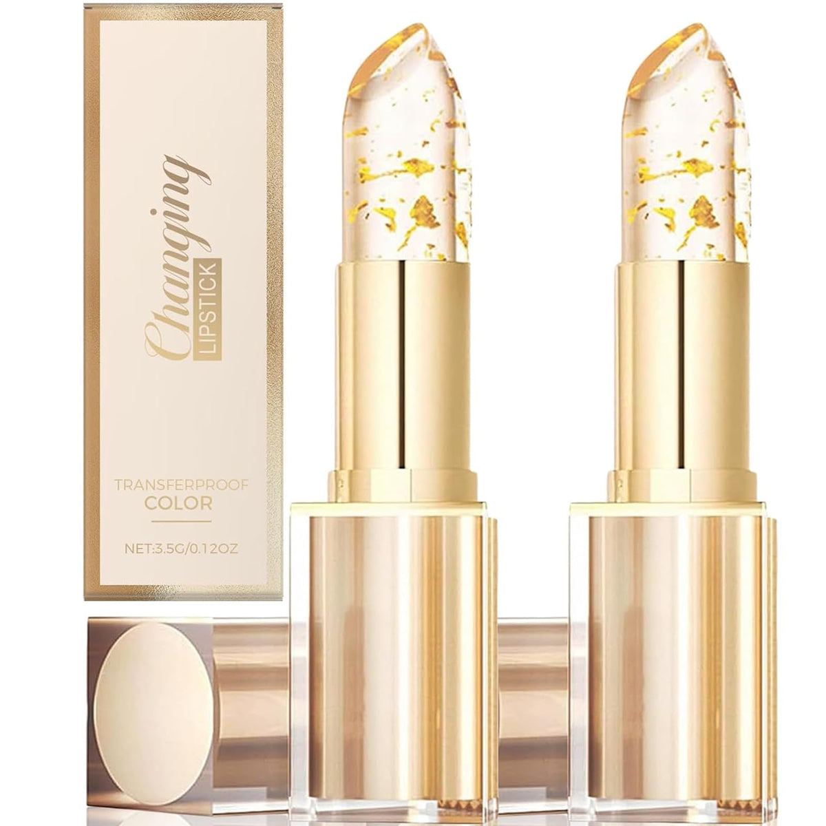 2Pcs transferproof color-changing lipstick tube demonstrates durable color for all-day wear.