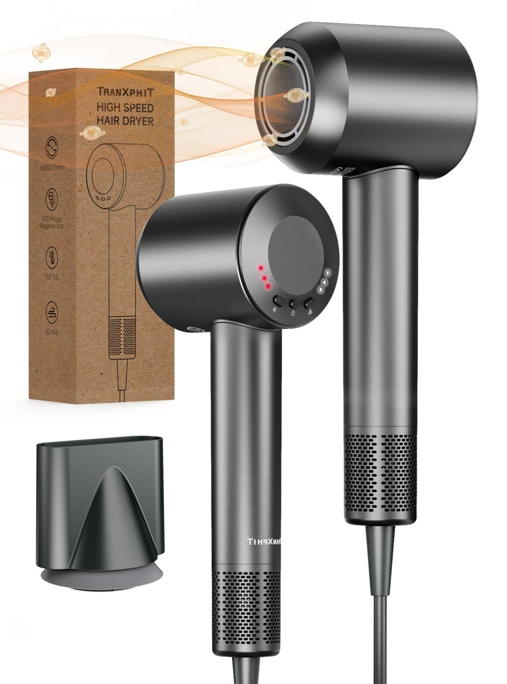 TRANXPHIT high-speed hair dryer front view enables quick salon-grade home styling.