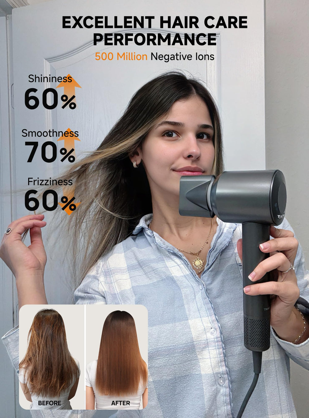 TRANXPHIT high-speed dryer nozzle closeup demonstrates precise airflow for smooth frizz control.