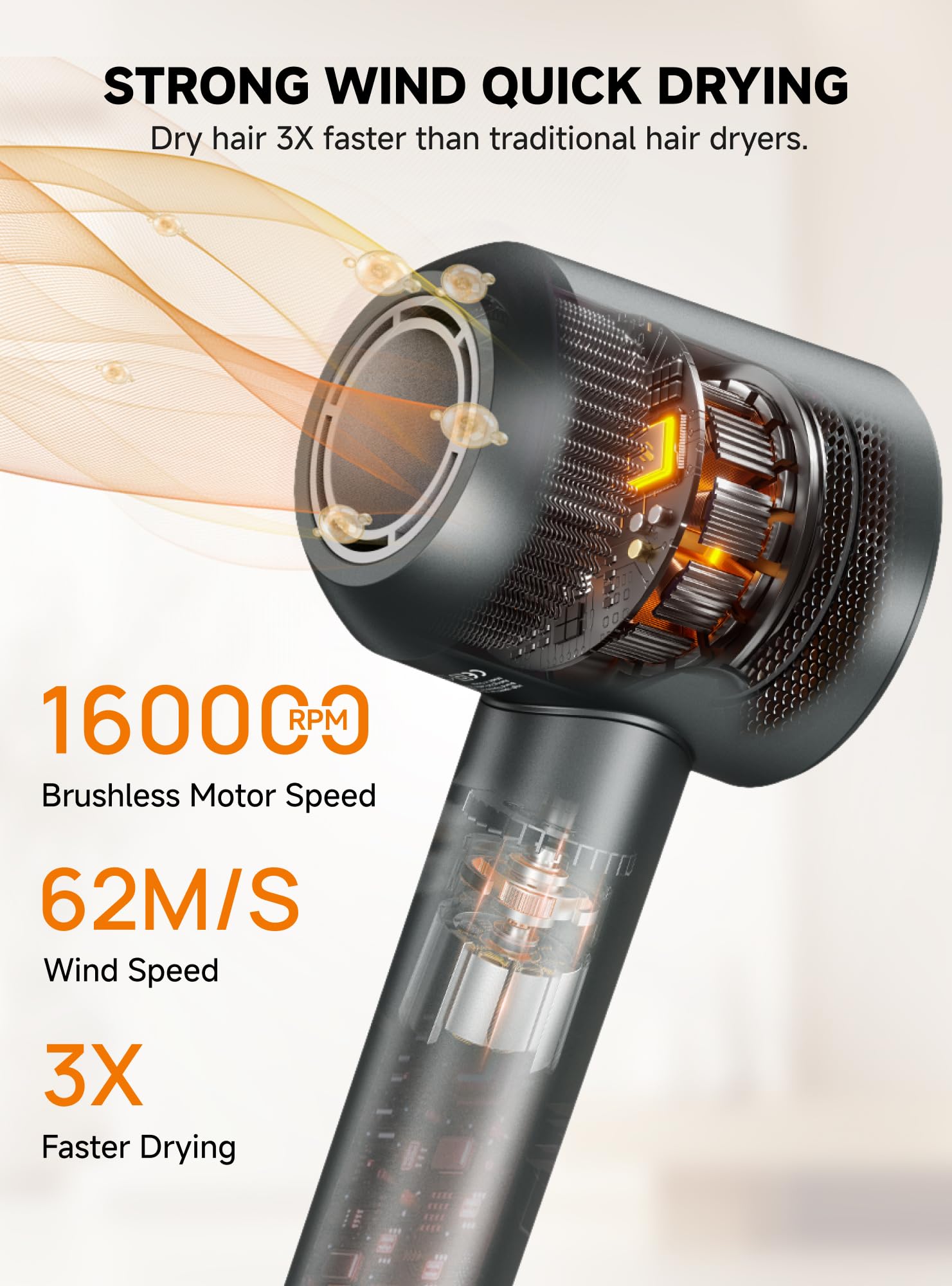 TRANXPHIT high-speed hair dryer side view shows ultra-light design for easy travel.