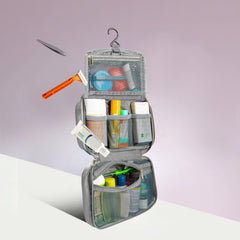 Travelon compact hanging toiletry kit folded for compact packing, ideal for travel