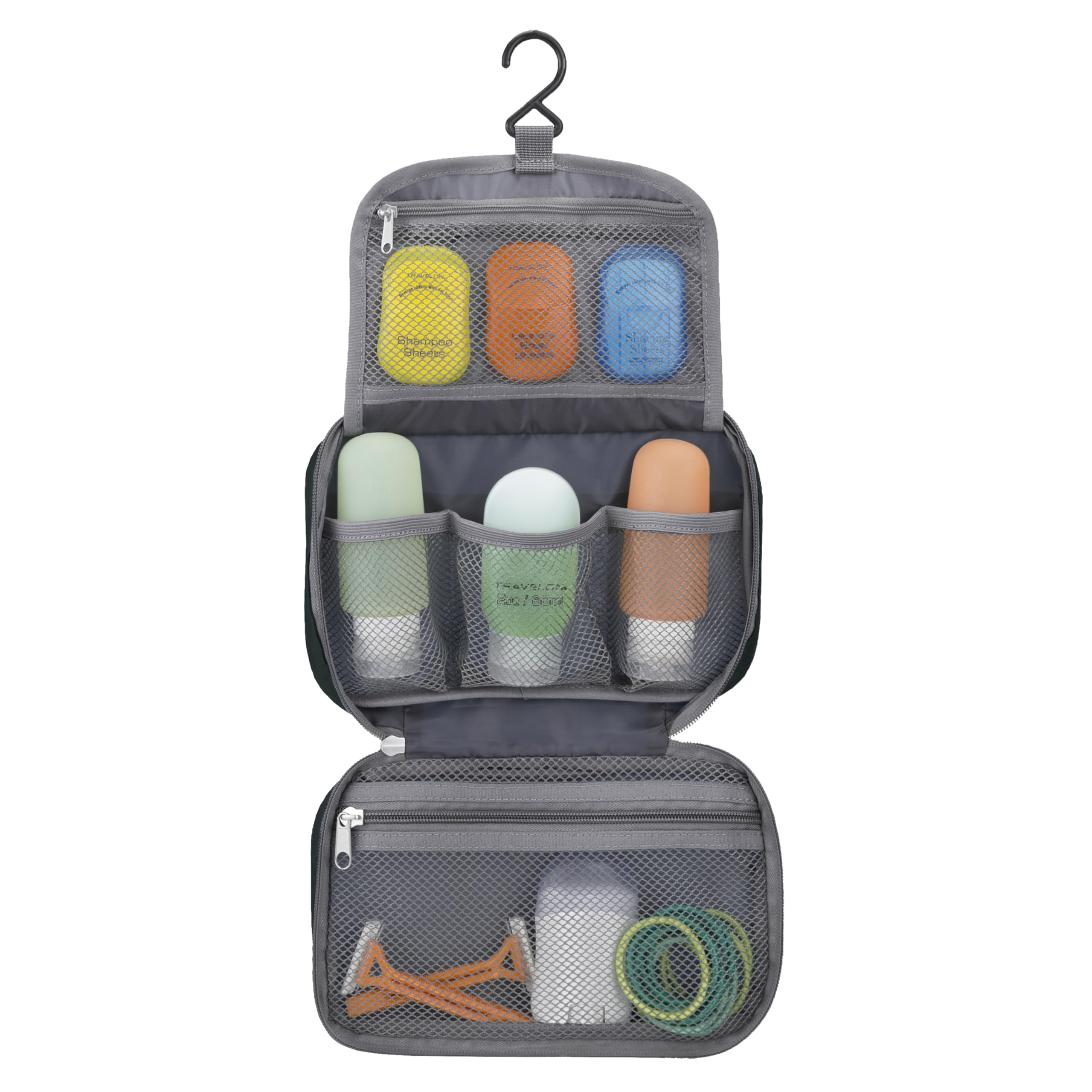 Travelon hanging hook display shows the kit fully open for easy access