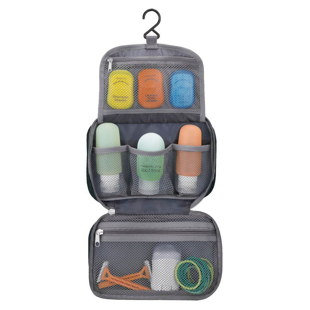 Travelon hanging hook display shows the kit fully open for easy access