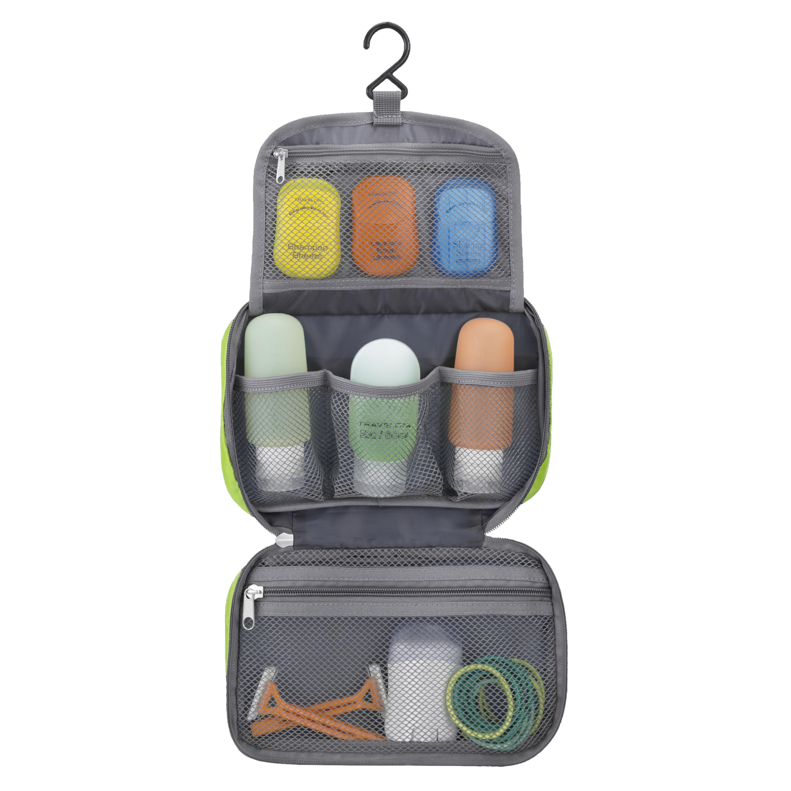 Travelon Compact Hanging Toiletry Kit three mesh pouches keep toiletries sorted during trips.