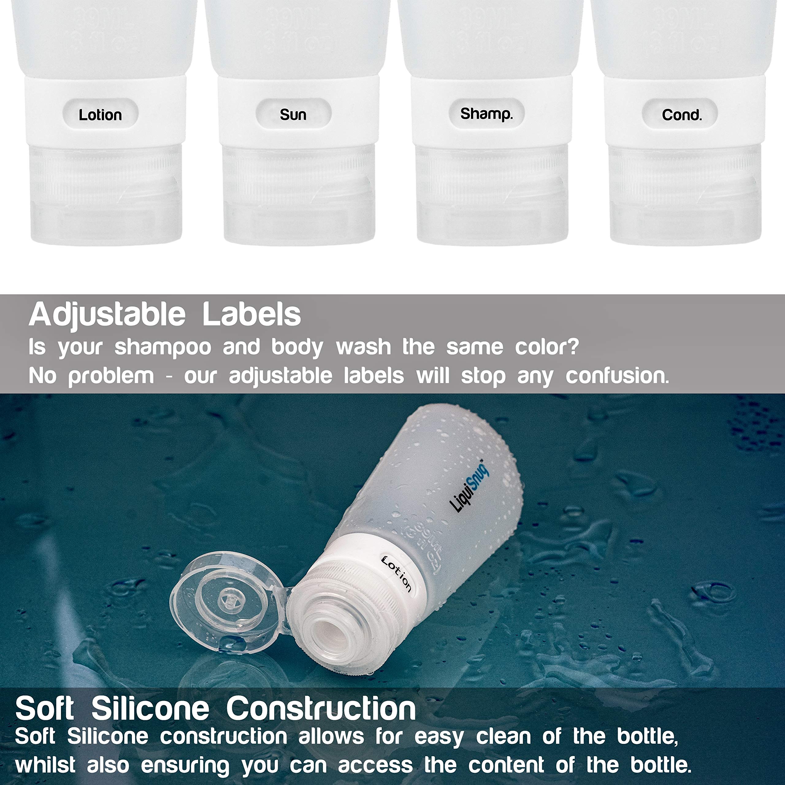 LiquiSnugs Premium adjustable labels on bottles prevent mix-ups during trips.