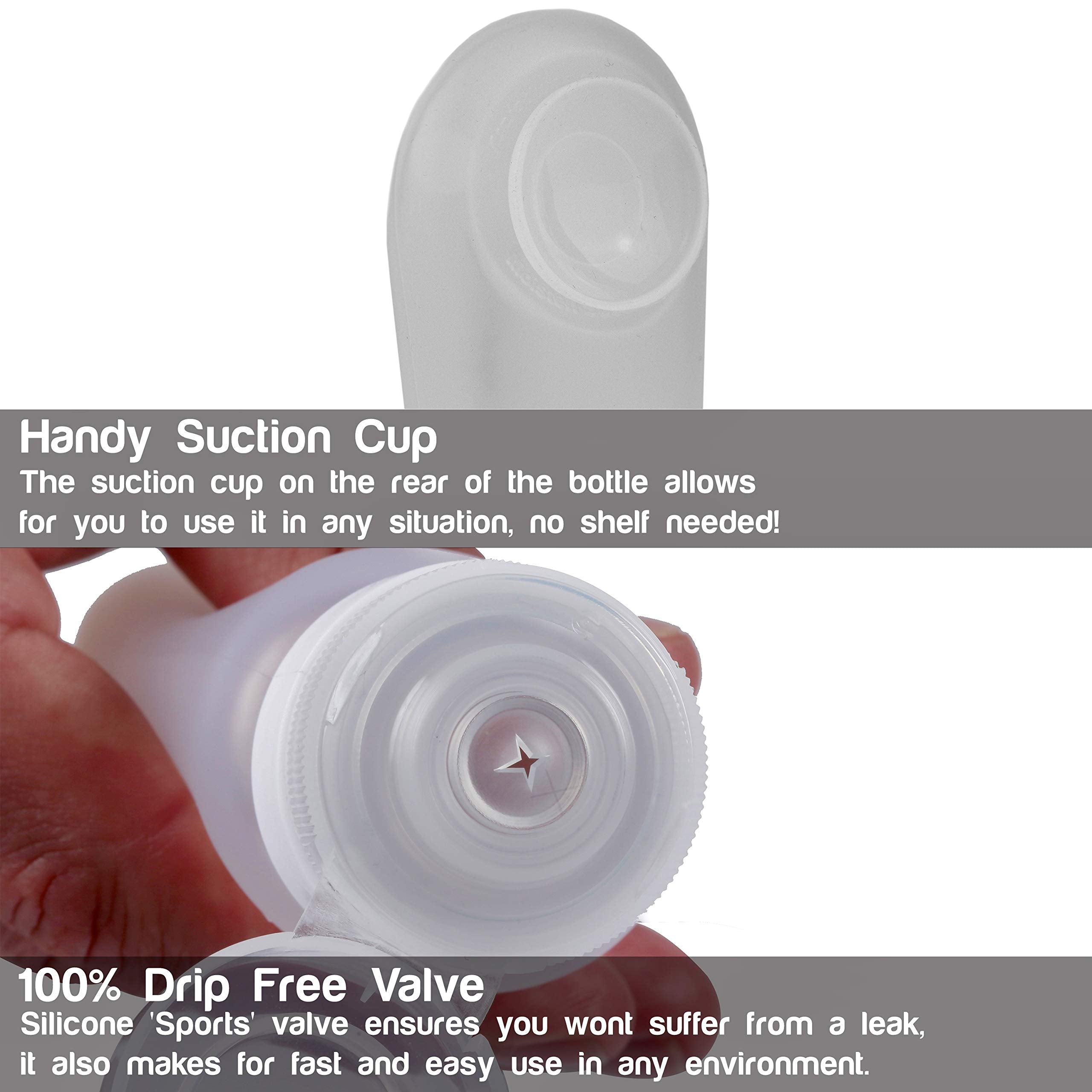 LiquiSnugs Premium bottles with suction pads secured for convenient travel use.