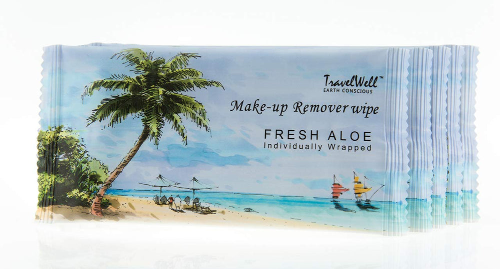 Travel Well aloe-infused wipes close-up highlighting soothing formula for on-the-go cleansing.