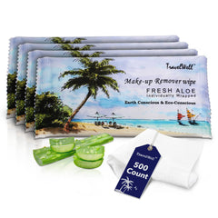 Travel Well makeup remover wipes pack-500 on display for bulk travel cleanup.
