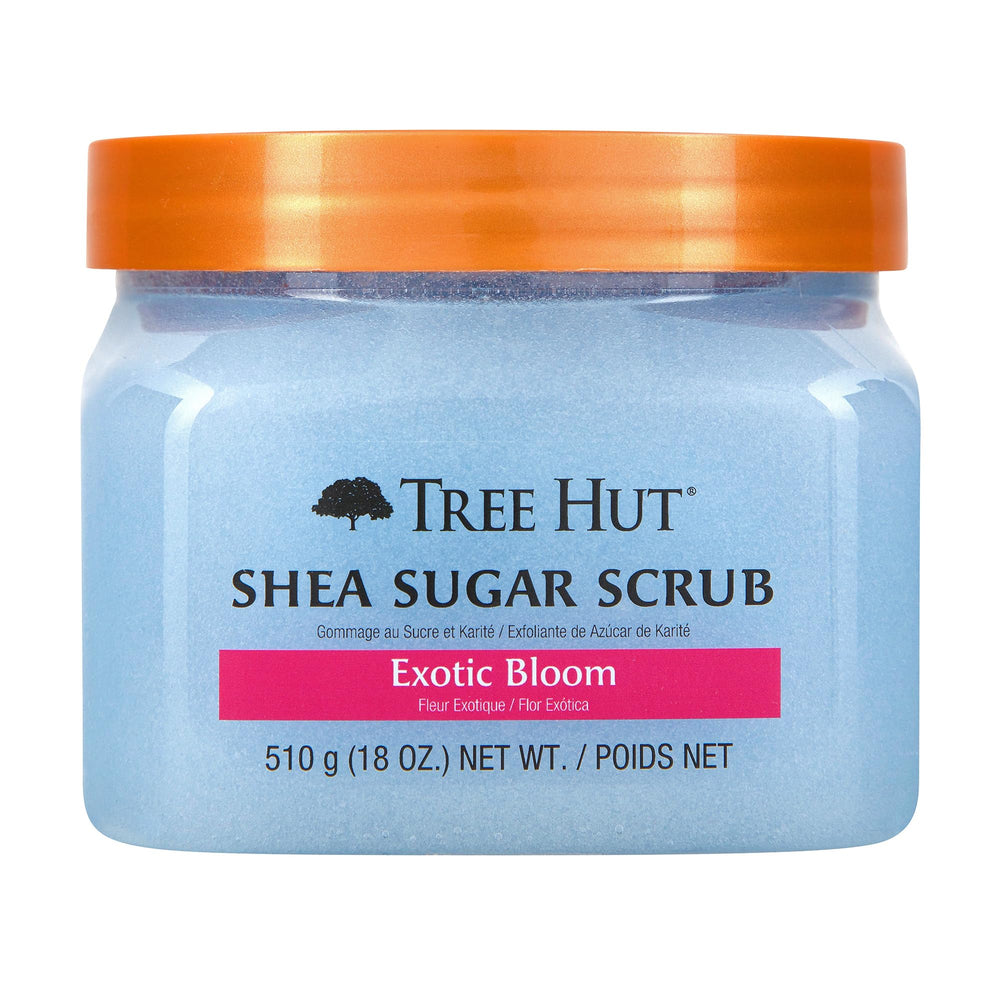 Tree Hut Exotic Bloom Sugar Scrub bottle shows exfoliation for glowing skin.