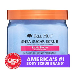 Tree Hut Exotic Bloom Sugar Scrub jar with shea and lavender for soft, hydrated skin.