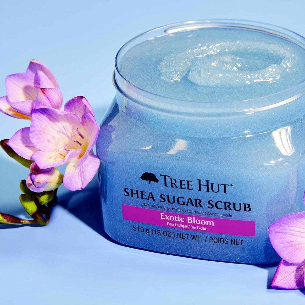 Tree Hut Exotic Bloom Sugar Scrub lavender oil closeup for soothing calm skin.