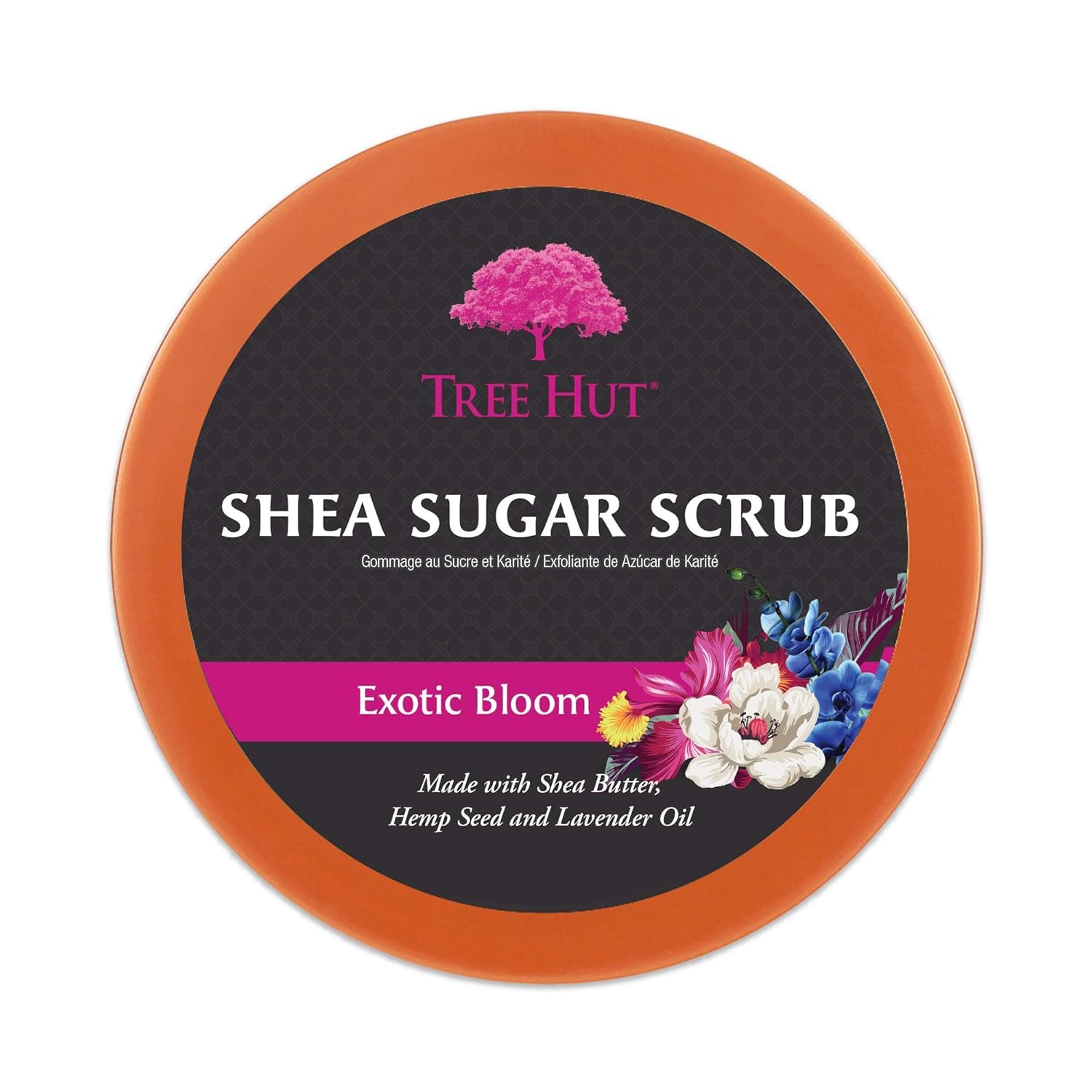 Tree Hut Exotic Bloom Sugar Scrub sugar grain closeup highlights natural exfoliants.