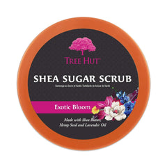 Tree Hut Exotic Bloom Sugar Scrub sugar grain closeup highlights natural exfoliants.