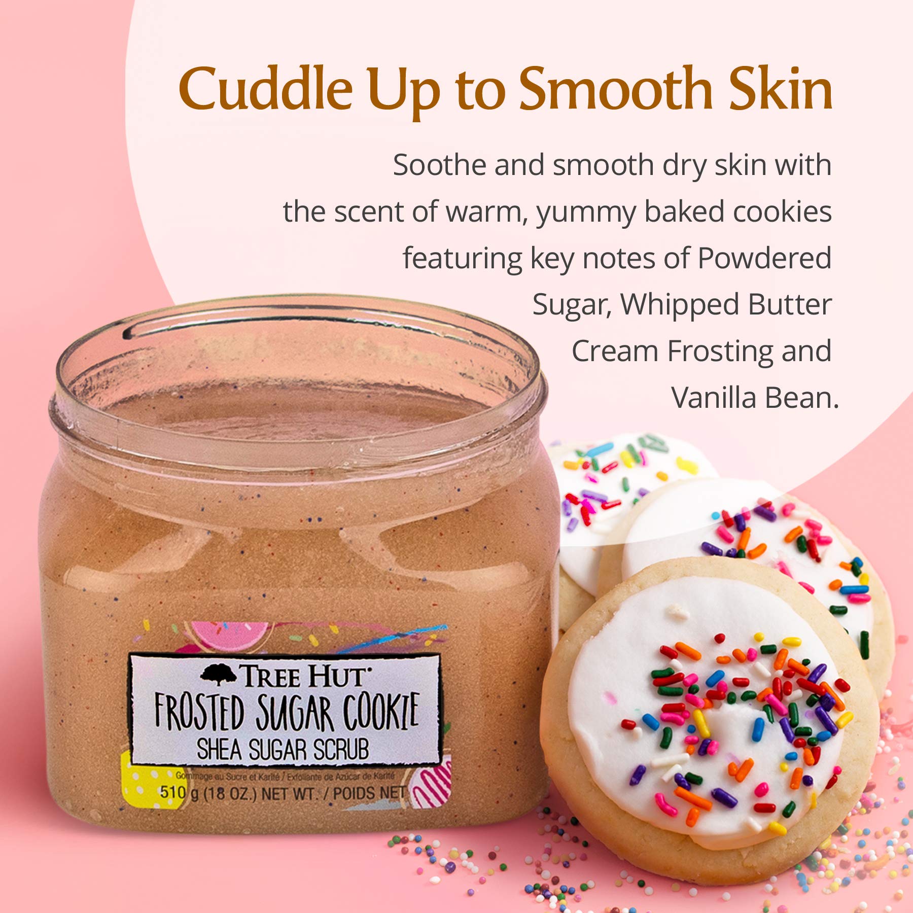Tree Hut Frosted Sugar Cookie scrub sugar crystals emphasize natural exfoliant action.