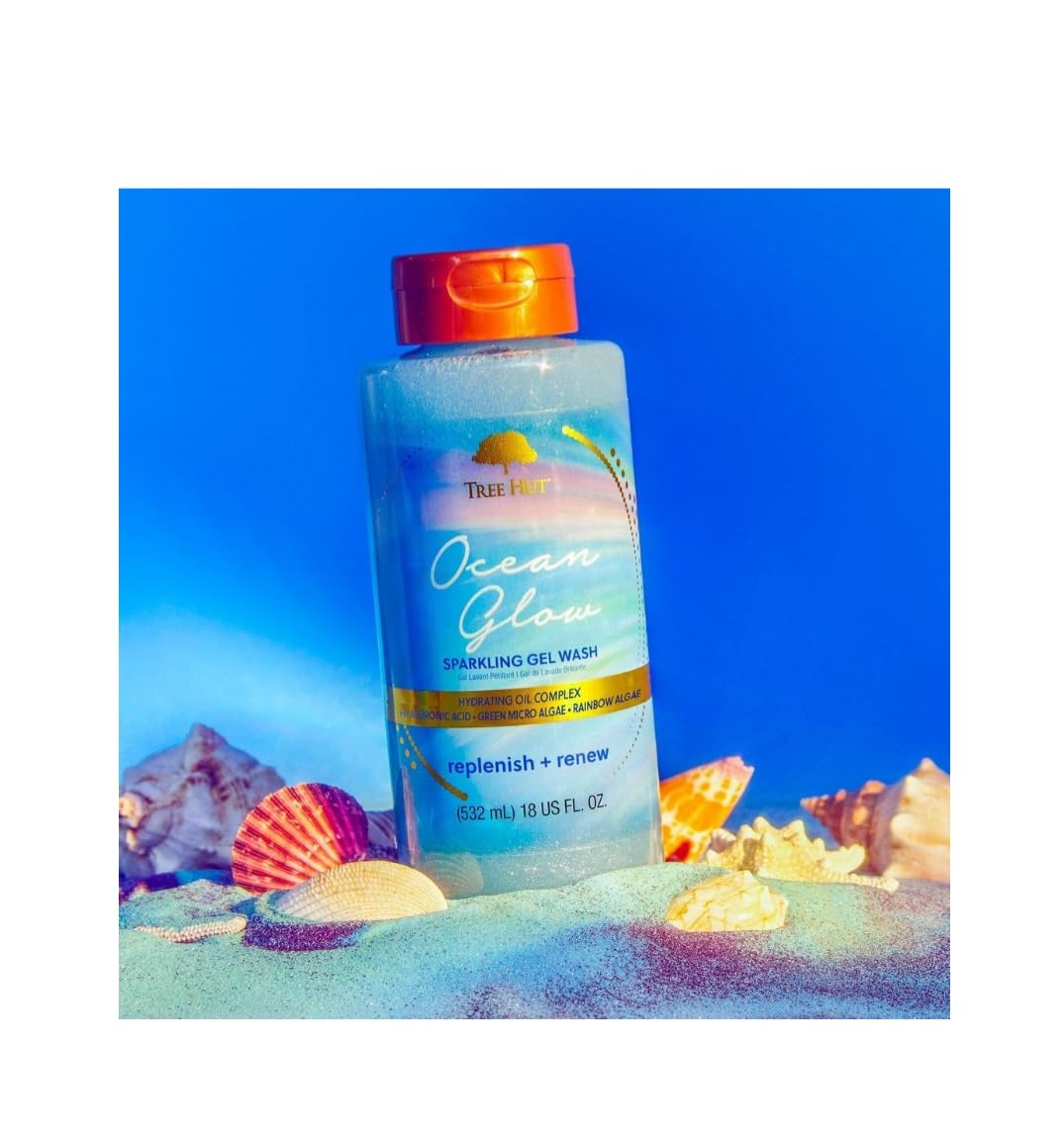 Tree Hut Ocean Glow algae ingredients graphic highlights hyaluronic acid and greens.