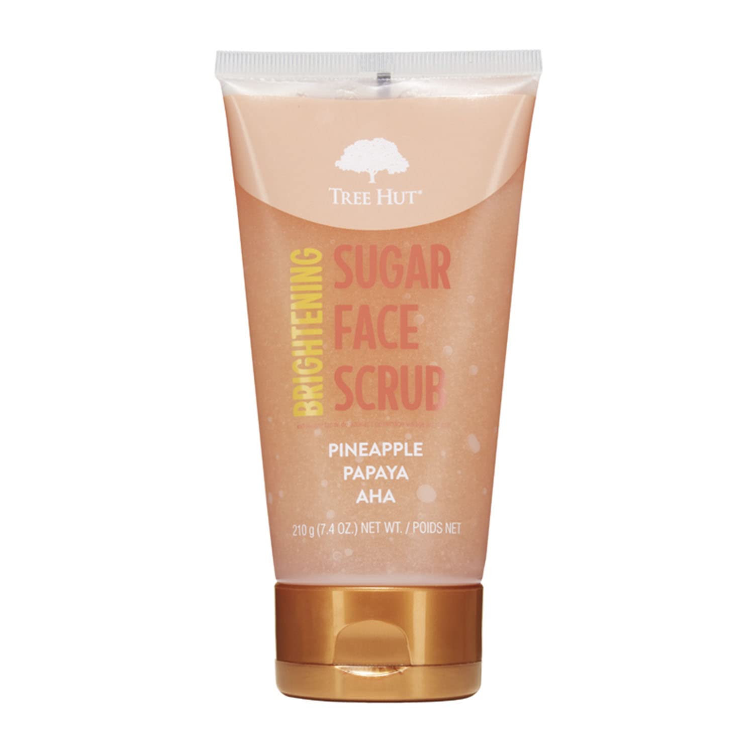 Tree Hut Pineapple & Papaya Face Scrub packaging showcases vibrant formula for brightening skin.